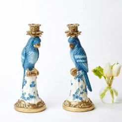 Blue & White Parrot Candle Holder (Pair)|Mrs. Alice Online