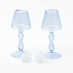 Blue Glass Lantern Tea Light Holder (Pair) - 18 Cm|Mrs. Alice Clearance
