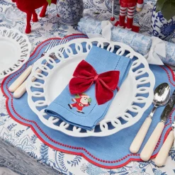 Blue Hand Embroidered Father Christmas Napkins (Set Of 4)|Mrs. Alice Discount