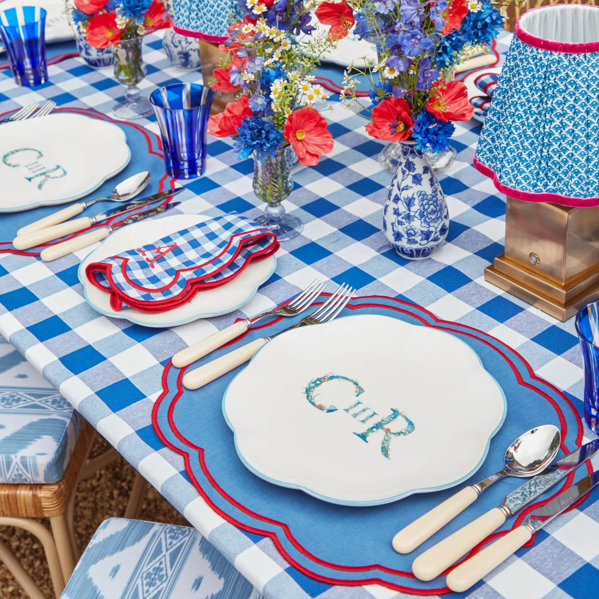 Camilla Blue & Red Linen Placemats (Set Of 4)|Mrs. Alice Best