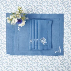 Coral Blue Linen Placemats & Napkins (Set Of 4)|Mrs. Alice New