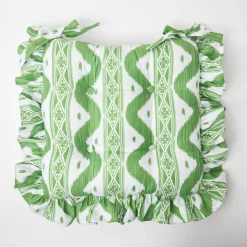 Frilled Green Ikat Seat Pad Cushion (Set Of 4)|Mrs. Alice Clearance