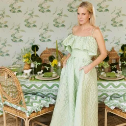 Frilled Green Ikat Seat Pad Cushion (Set Of 4)|Mrs. Alice Clearance