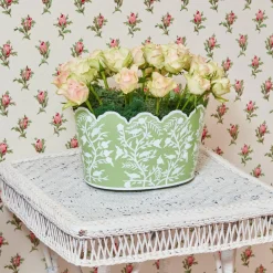 Green Floral Tole Scalloped Planter|Mrs. Alice Hot