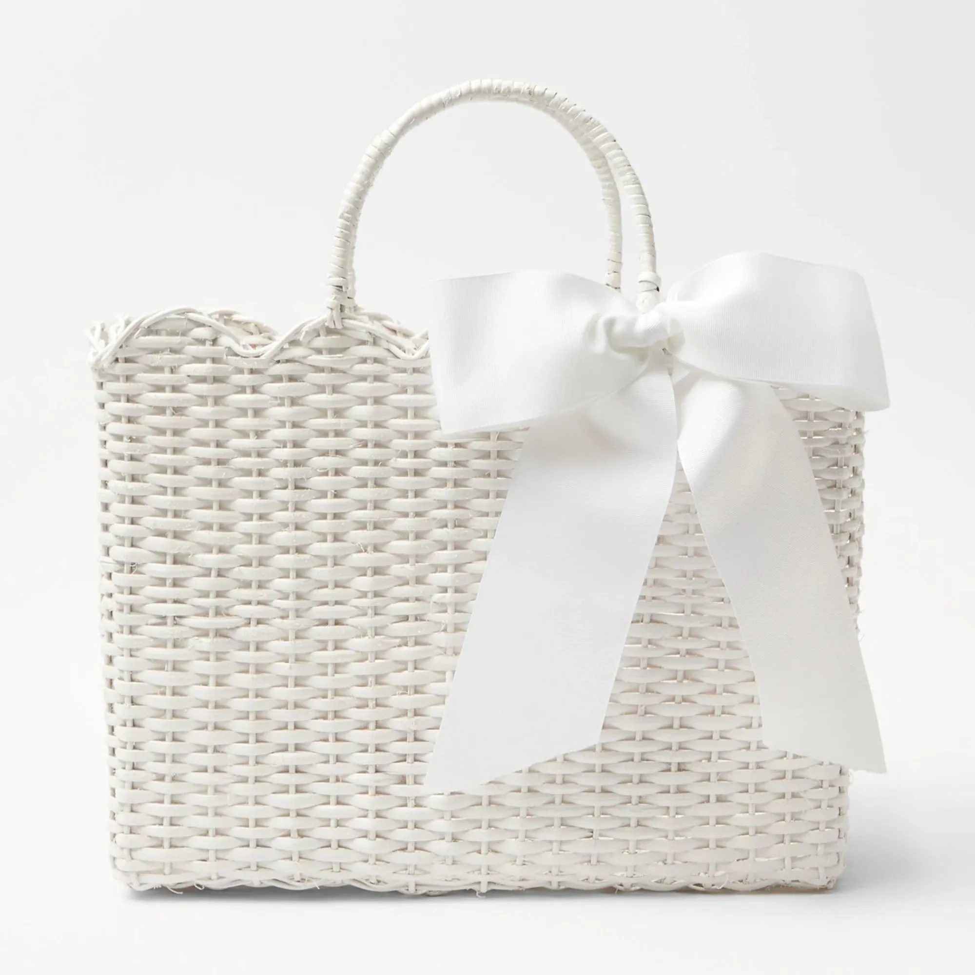 White Rattan Tote Bag (White Bow)|Mrs. Alice Sale