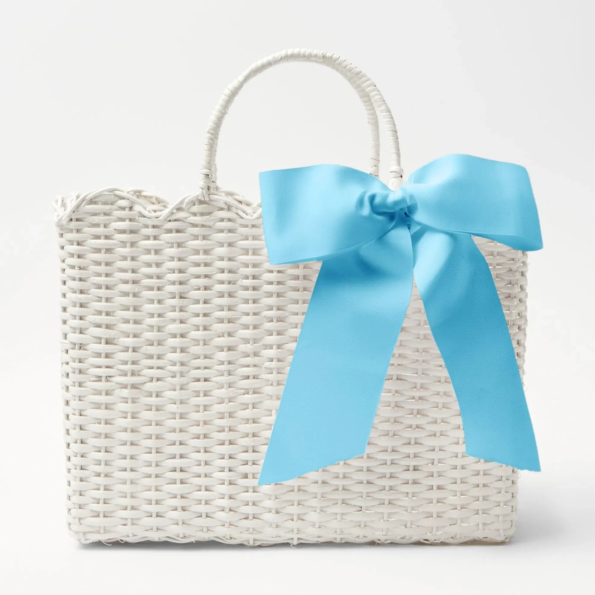 White Rattan Tote Bag (Blue Bow)|Mrs. Alice Sale