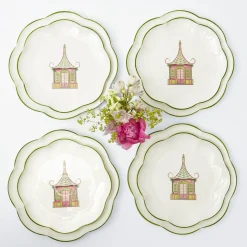 Pink & Green Pagoda Dinner & Starter Plates (Set Of 8)|Mrs. Alice Hot