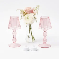Pink Glass Lantern Tea Light Holder (Pair) - 18Cm|Mrs. Alice Sale