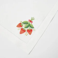 Strawberry White Linen Embroidered Napkins (Set Of 4)|Mrs. Alice New