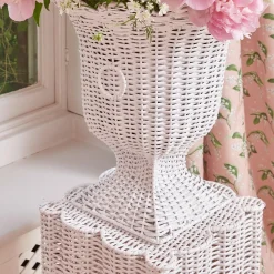 White Liliana Scalloped Rattan Pedestal And Urn|Mrs. Alice Best